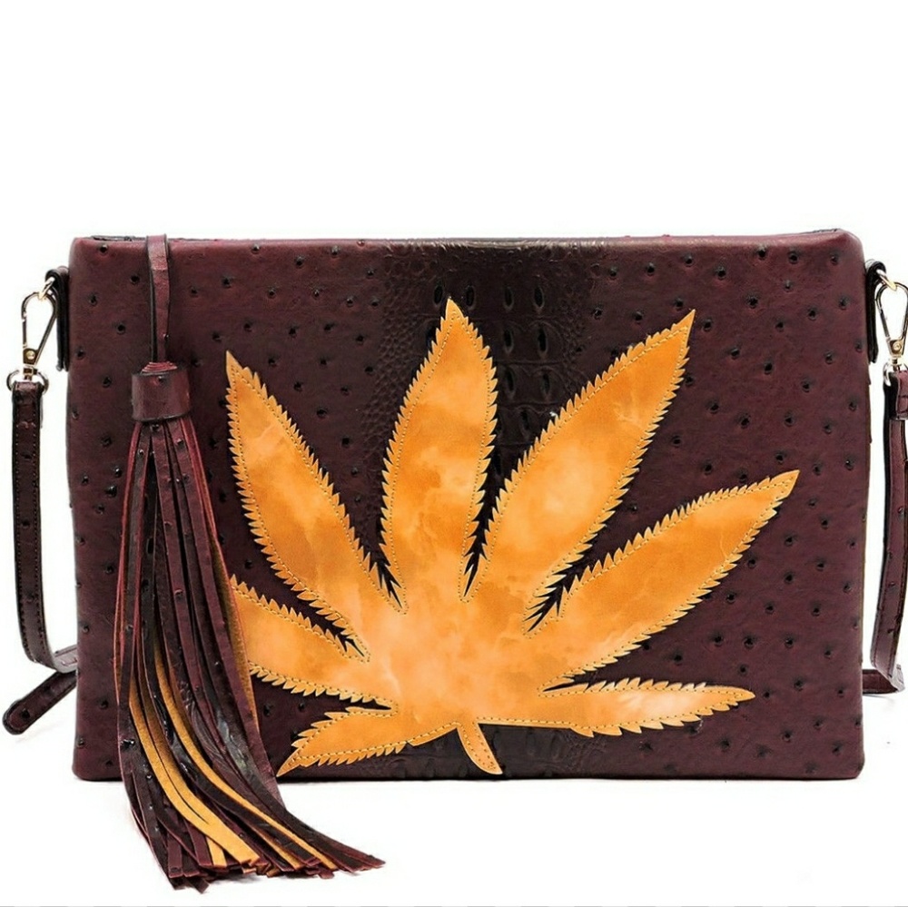 Leaf Accent Ostrich Embossed Crossbody clutch Wine color left only